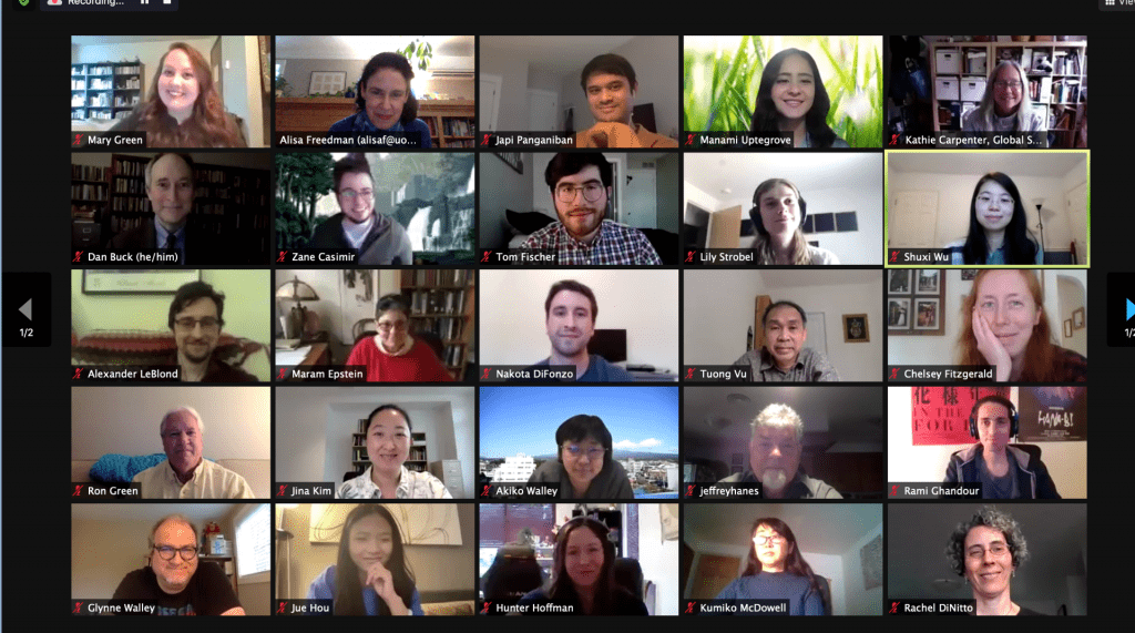 A Zoom meeting screenshot of some of the people who attended the 2021 Asian Studies Research Event